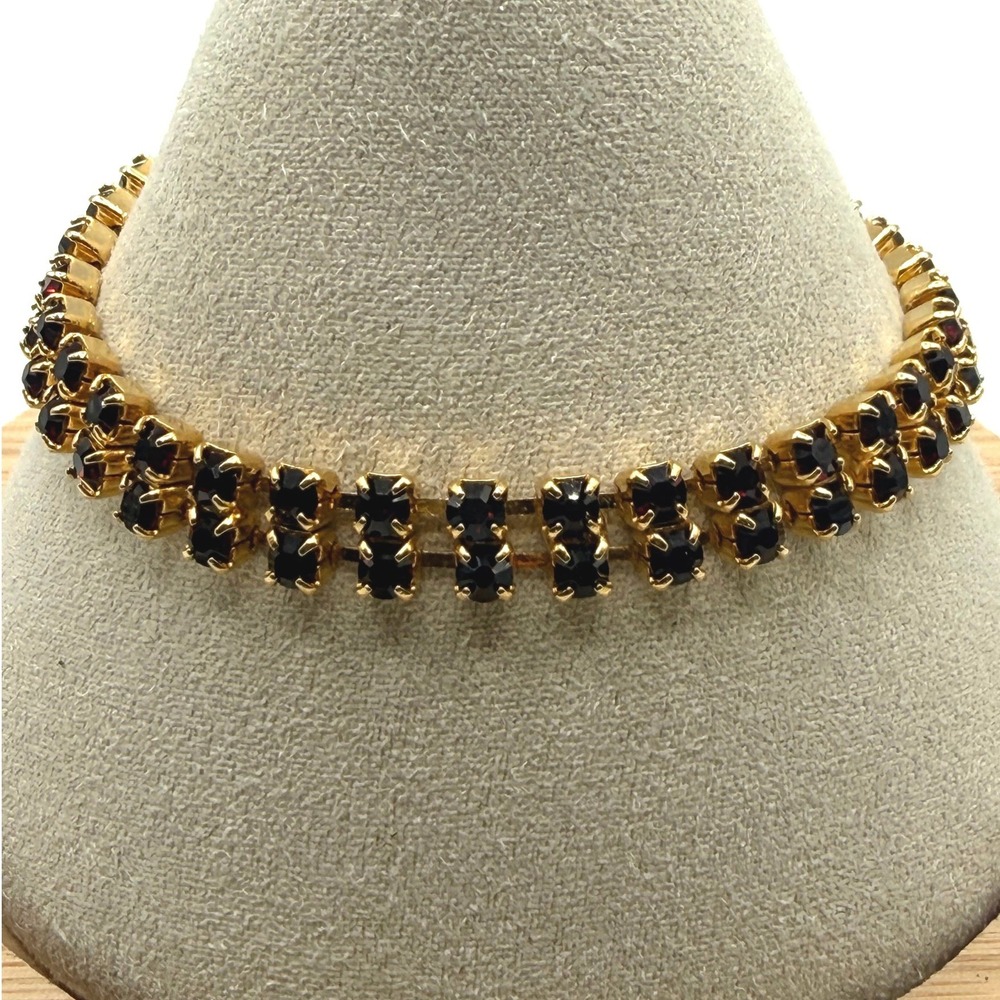 Vintage Double Row Garnet Red Rhinestone Gold Tone Tennis Bracelet Size 6.5"